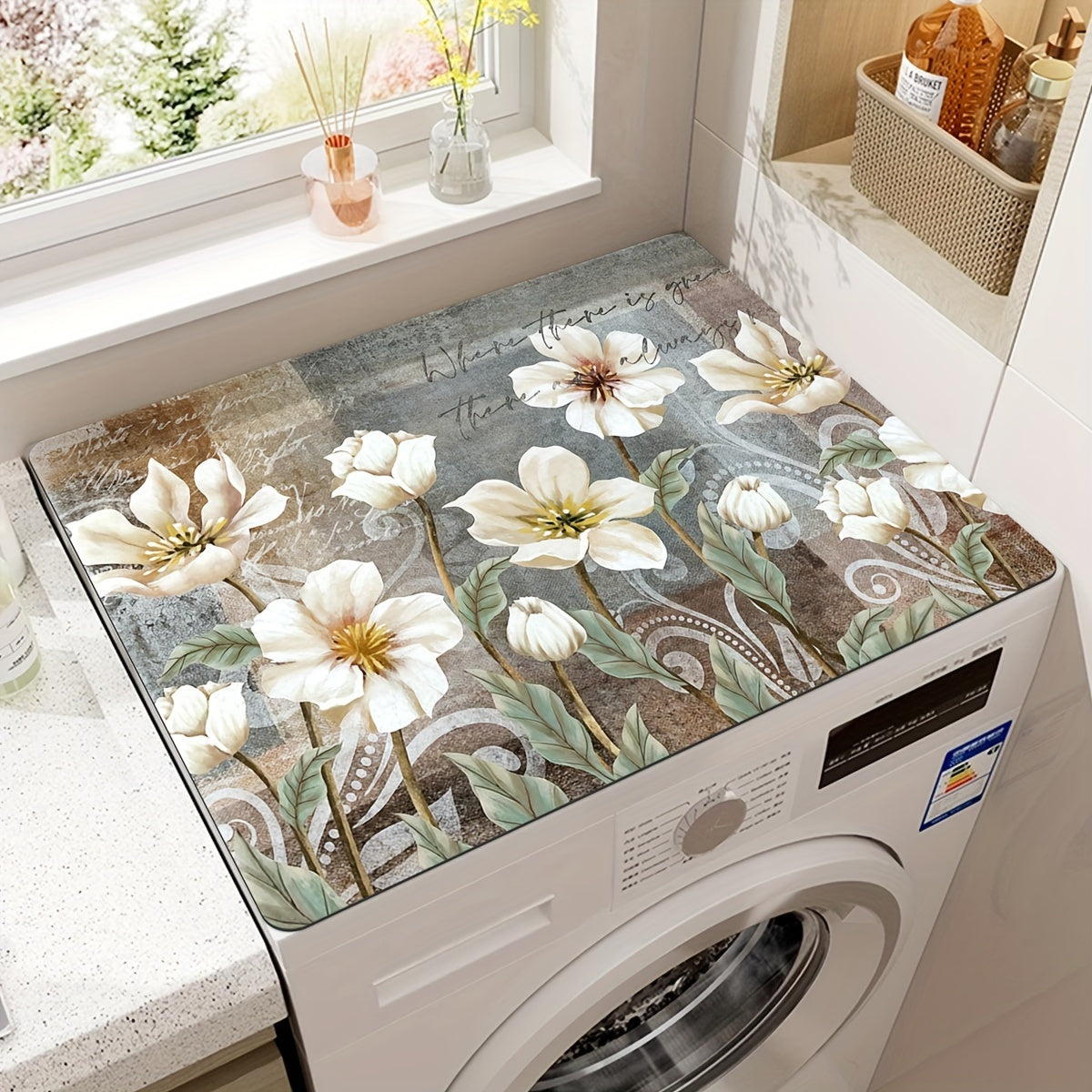 White Floral Print Dust Cover Mat for Microwave Refrigerator Washing Machine 50x60cm