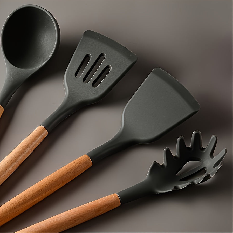 Set of 12 Silicone Kitchen Utensils with Wooden Handles Non-Stick Washable