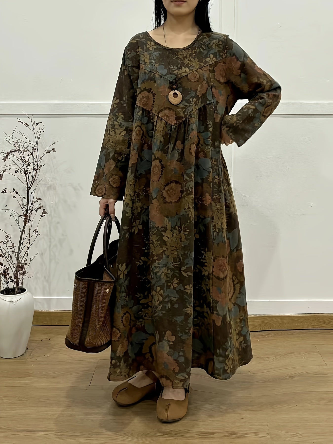 Women's Linen Dress with Long Sleeves and A-Line Patchwork Skirt