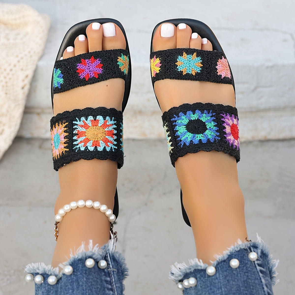 Women's Colorful Lace Crochet Bohemian Flat Sandals Beach Travel Slippers