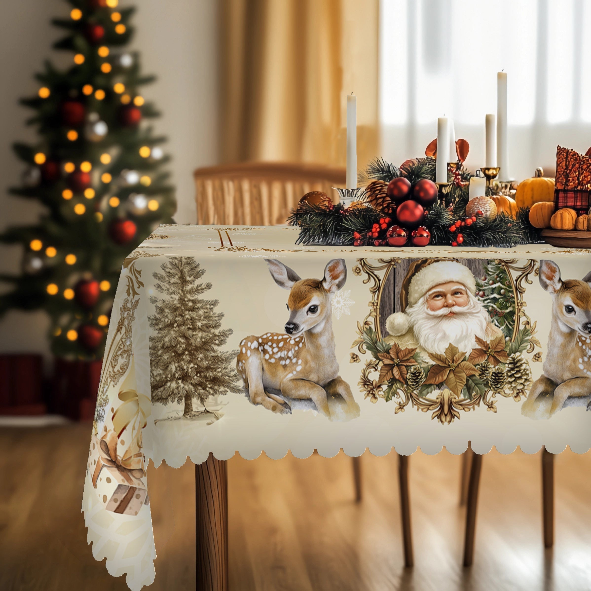 Vintage Santa and Reindeer Tablecloth White and Gold for Holiday Dining in 4 Sizes
