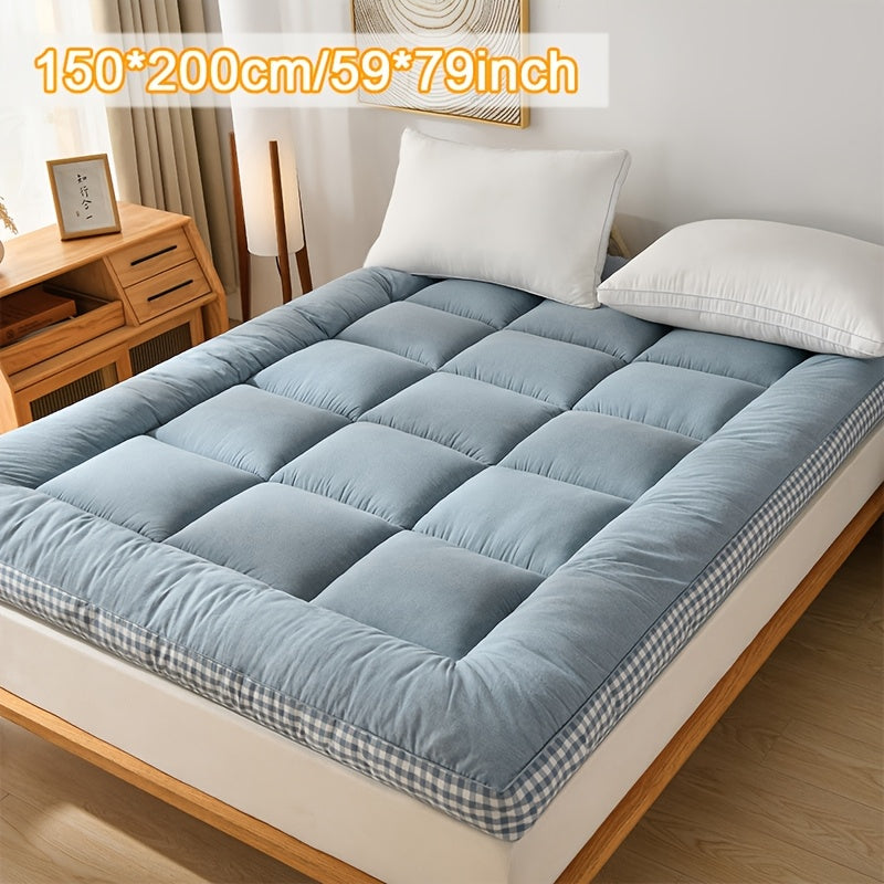Full Size Japanese Floor Mattress with Thick Fluffy Padding Blue Foldable Tatami Cushion for Camping Dormitory Guest
