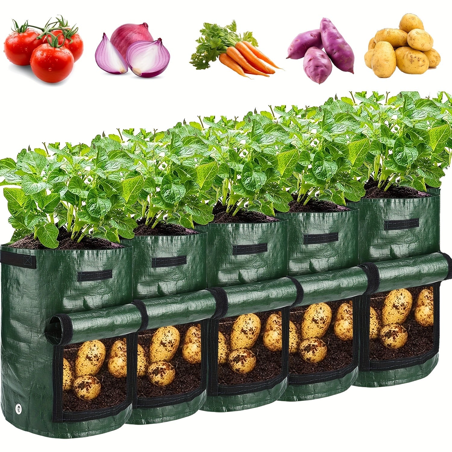 5pcs Green 7-Gallon Fabric Grow Bags with Handles for Outdoor Vegetable Gardening