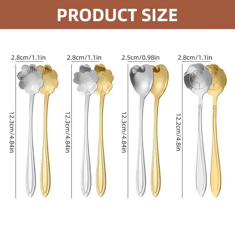 Set of 8 Stainless Steel Coffee Spoons with Flower Pattern for Coffee and Dessert