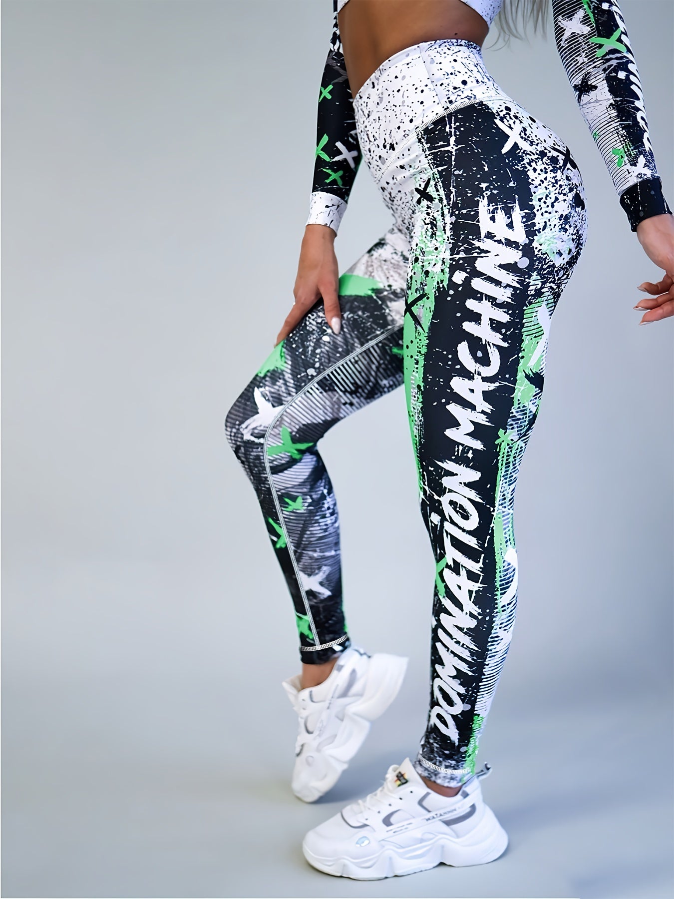 Women's High Waist Leggings with Color Block Graffiti Print Tummy Control Butt Lift for Running and Activewear