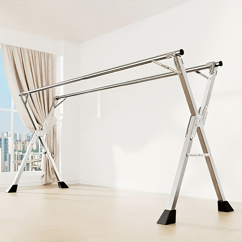 Foldable Metal Clothes Drying Rack with Adjustable Double Rods and Windproof Hooks