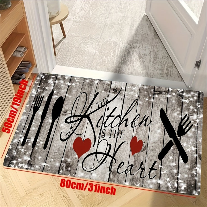 Wood Grain Kitchen Mat with Heart Knife and Fork Design Durable Polyester Non-Slip Washable