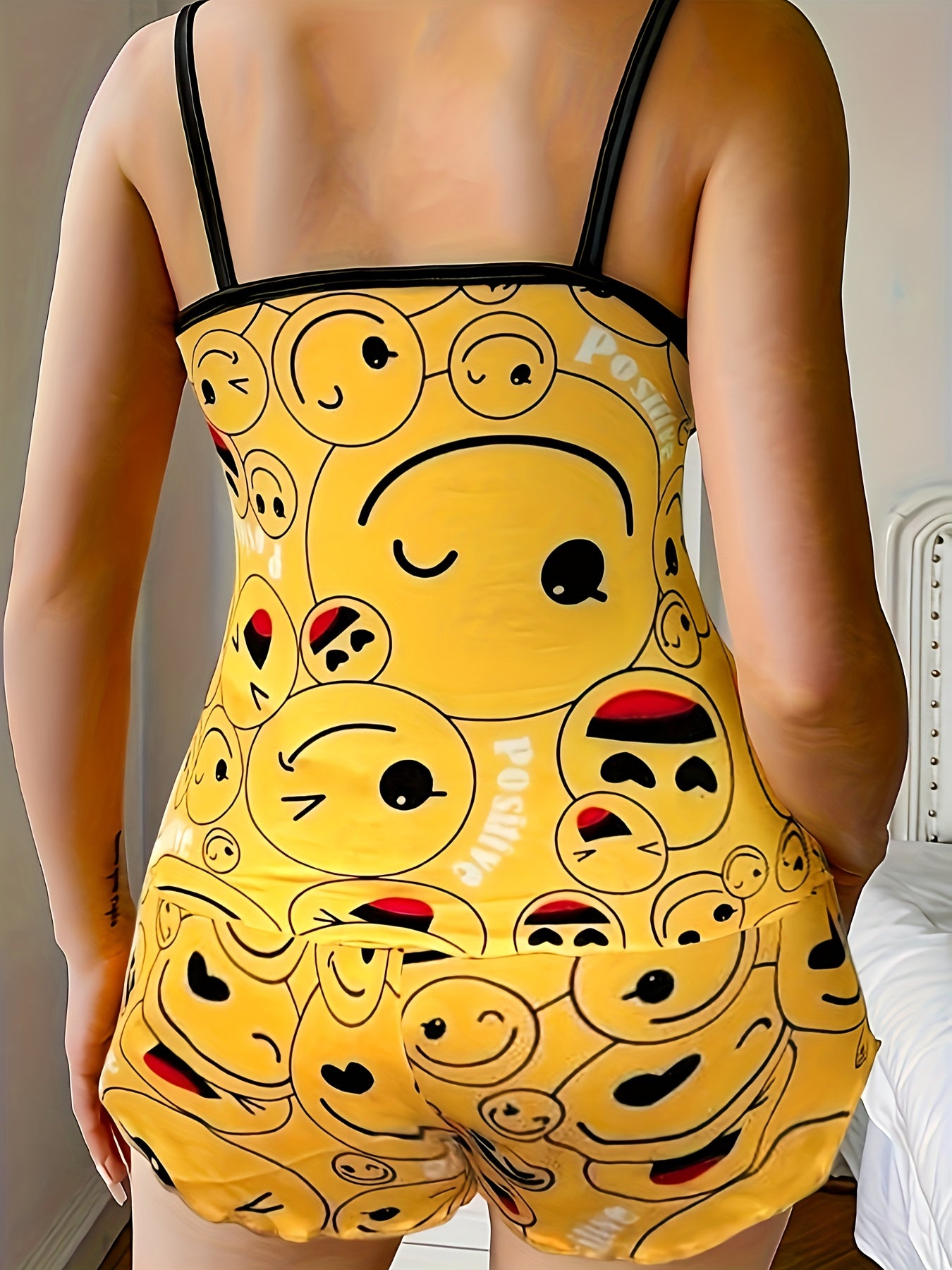 Women's Smiling Face Print Pajama Set with Frill Trim Backless Cami Top and Elastic Shorts