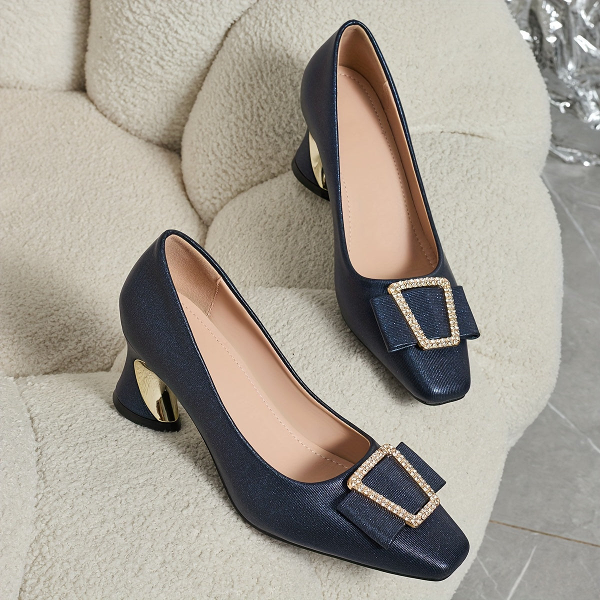 Ladies Small Square Toe Buckle High Heels, Comfortable Thick Heels