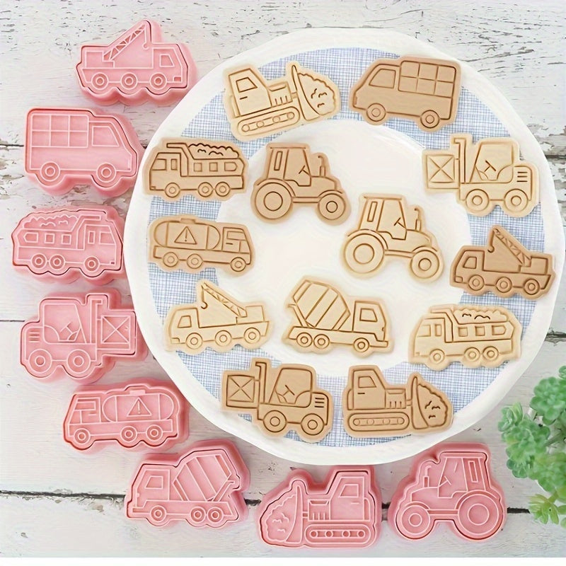 Set of 8 Construction Vehicles Cookie Cutters with Embosser and Baking Tools
