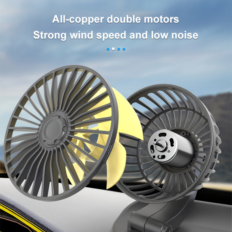 Dual Head Portable Car Fan with 5-Blade Turbo Airflow, USB Powered