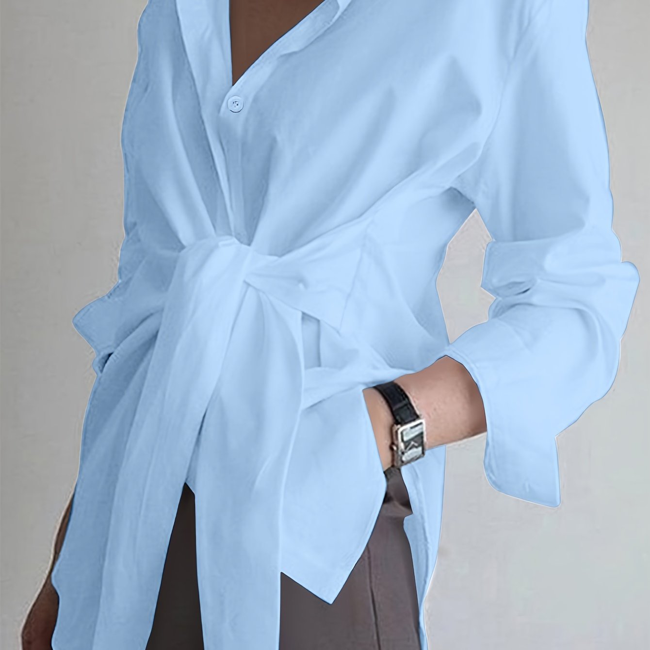 Women's Long Sleeve Polyester Shirt with Lapel Collar and Button Front