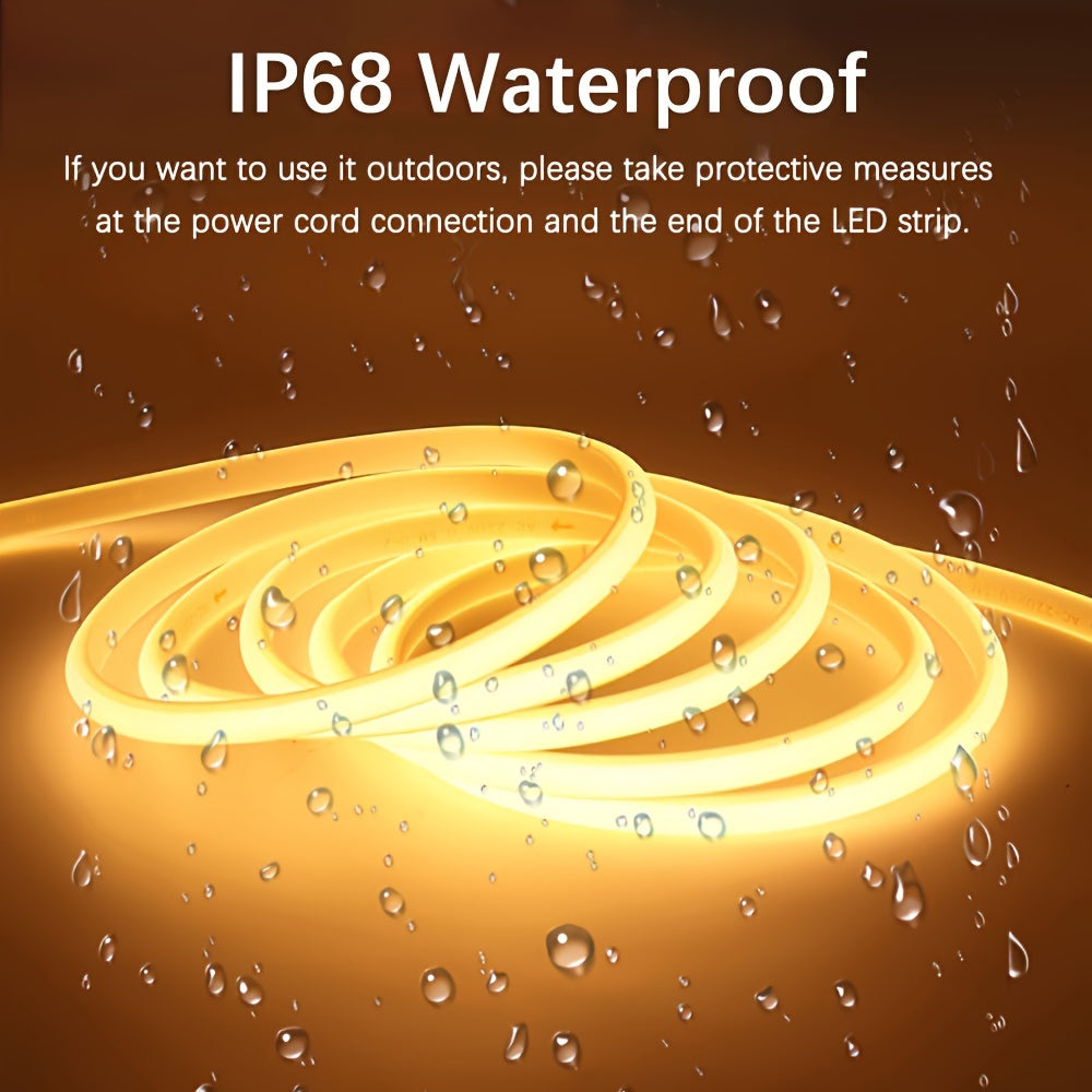 1 упаковка 220В COB гибкой светодиодной ленты с 288 светодиодов/м, 12Вт/м. Режущаяся 1м светодиодная лента для наружного освещения сада для кухни и спальни, включает бесплатные аксессуары и 1,2м EU штепсель с выключателем.