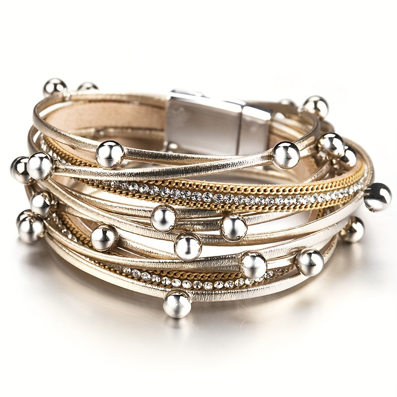 Multi-Layer Faux Leather Bracelet for Men Women Double Wrap Rhinestones Gift
