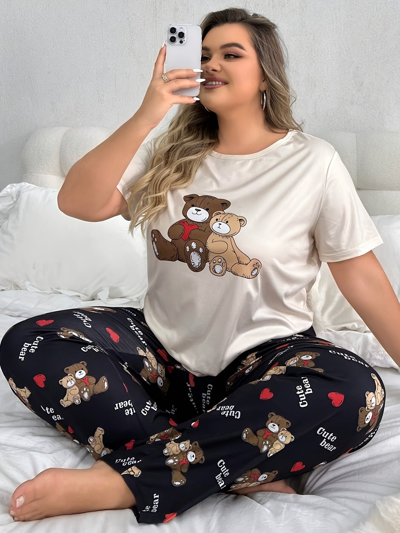 Adult Pajama Set with Double Teddy Bears, Polyester Knit, Casual Style