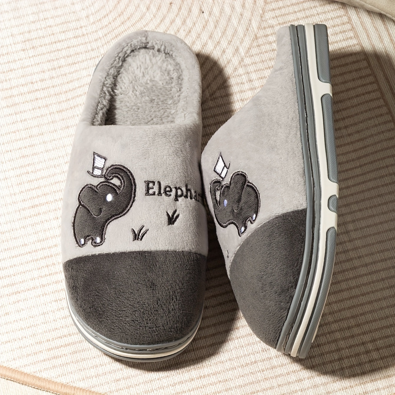 Women's Plush Slip-On Slippers with Elephant Cartoon Soft Fabric Grey Pink