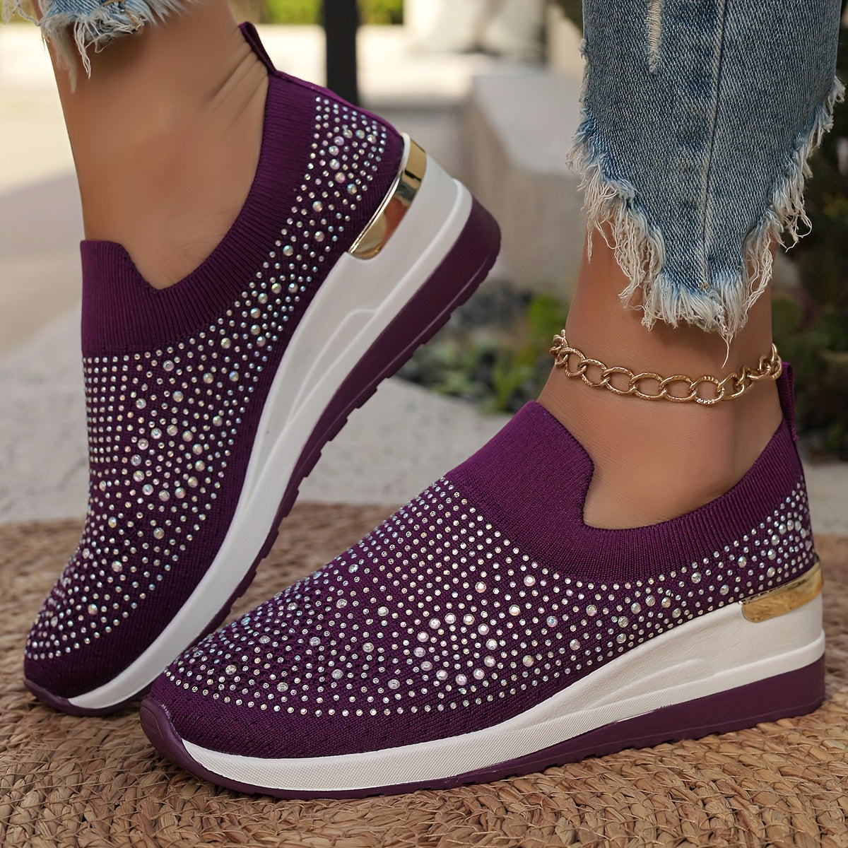 Women's Rhinestone Decor Platform Sneakers Casual Slip-On Outdoor Shoes