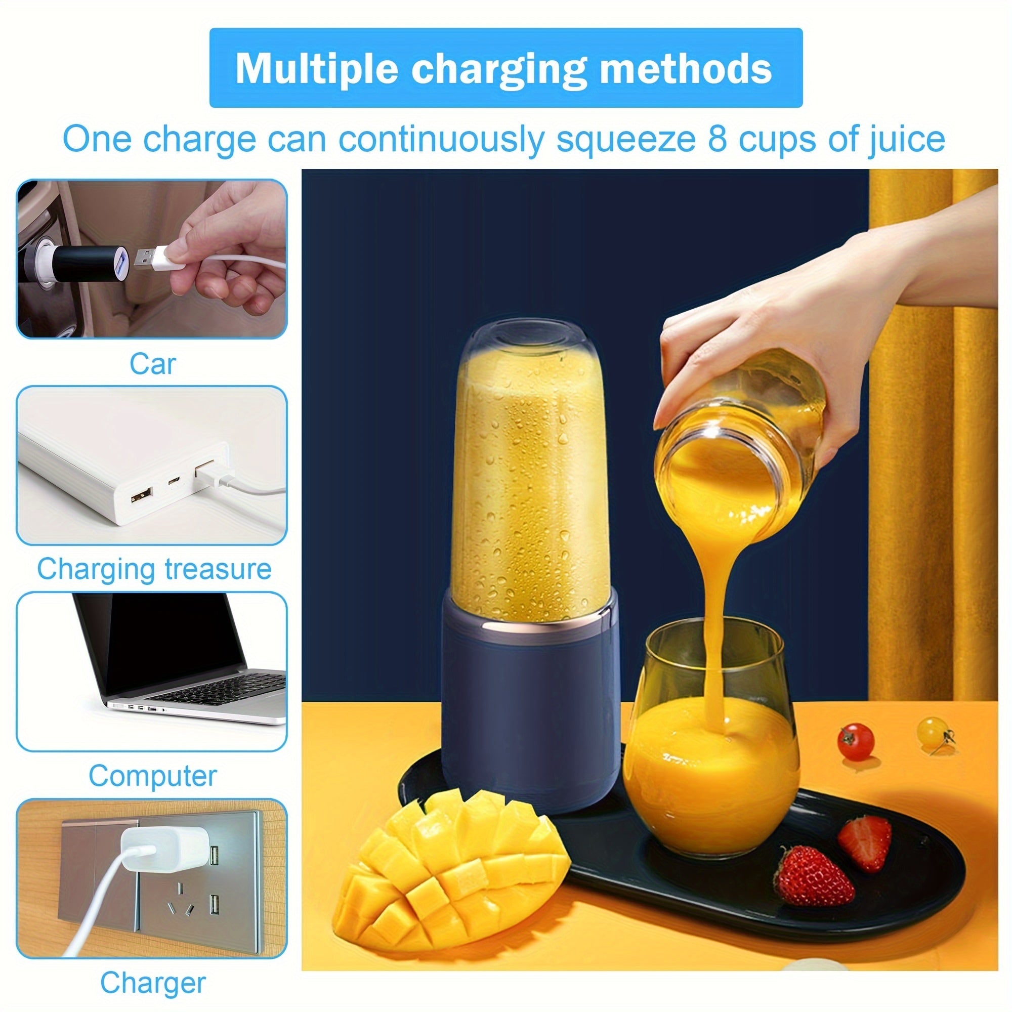 Portable USB Rechargeable Juicer Cup with 6-Blade Stainless Steel Blades and 2 Cups
