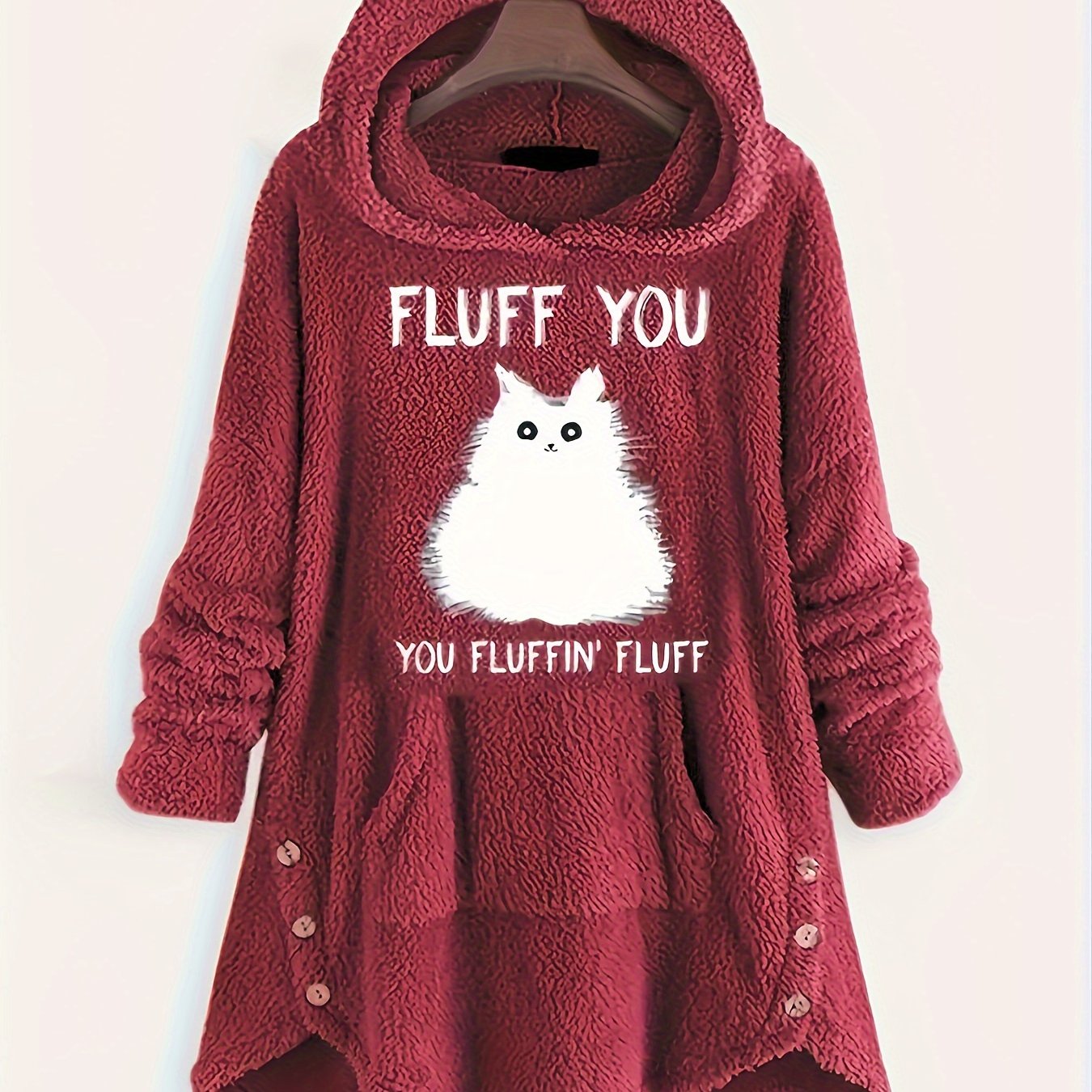 Plus o'lcham ayollar uchun fleece svitshot bilan slogan mushuk bosma uzun qo'lqop