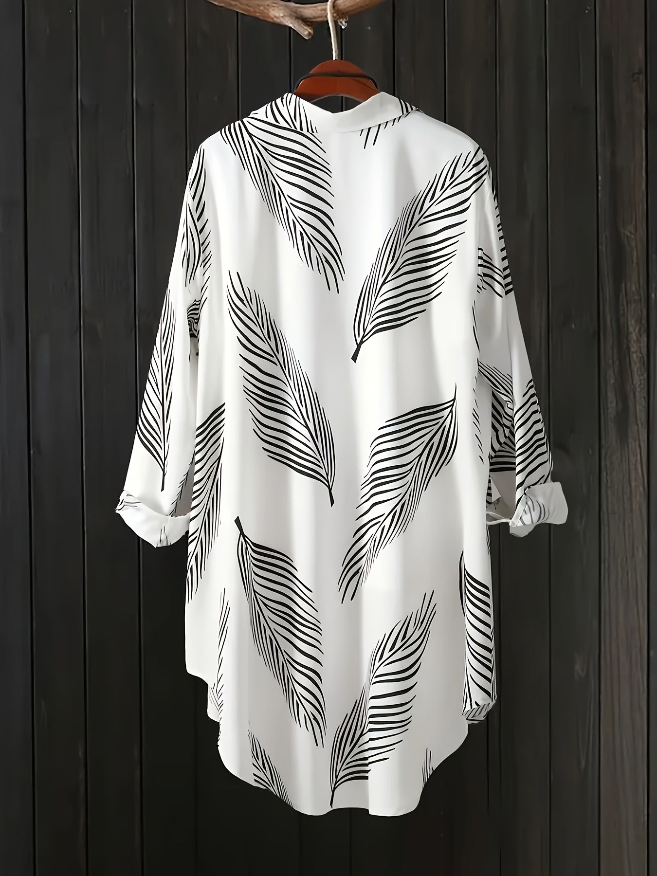 Women's Plus Size Printed Button-Up Shirt with High-Low Hem and Rolled Sleeves