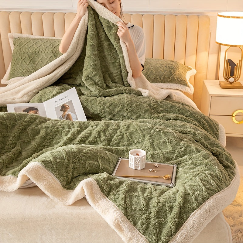 Jacquard Knit Polyester Bed Blanket with Geometric Pattern Thick Fleece Throw for All-Season Sofa Bed Cover