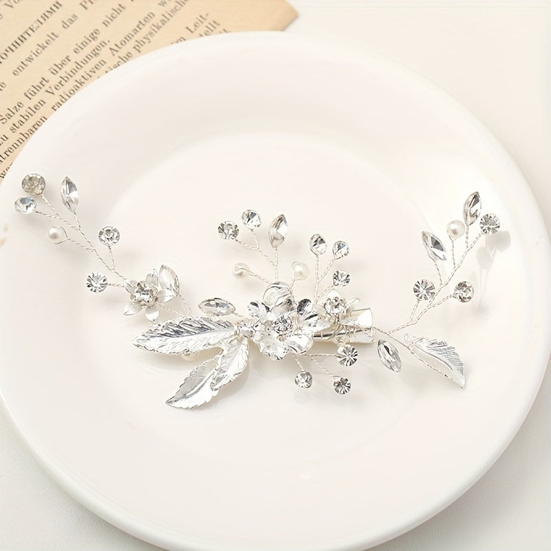 Floral Leaf Hair Clip with Faux Pearls and Rhinestones for Bridal and Party