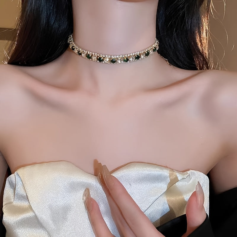 Green Rhinestone Necklace and Earrings Set for Women with Sterling Silver Posts