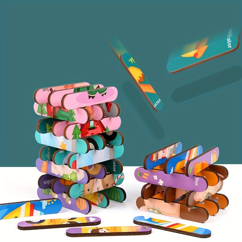 Bolalar uchun ijodiy erta ta'limga mo'ljallangan yog'och lentali jumboq: Ikki tomonlama taxtalarda multfilm hayvon hikoyalari va transport/meva mavzulari - Qiziqarli va ta'lim beruvchi o'yinchoq.