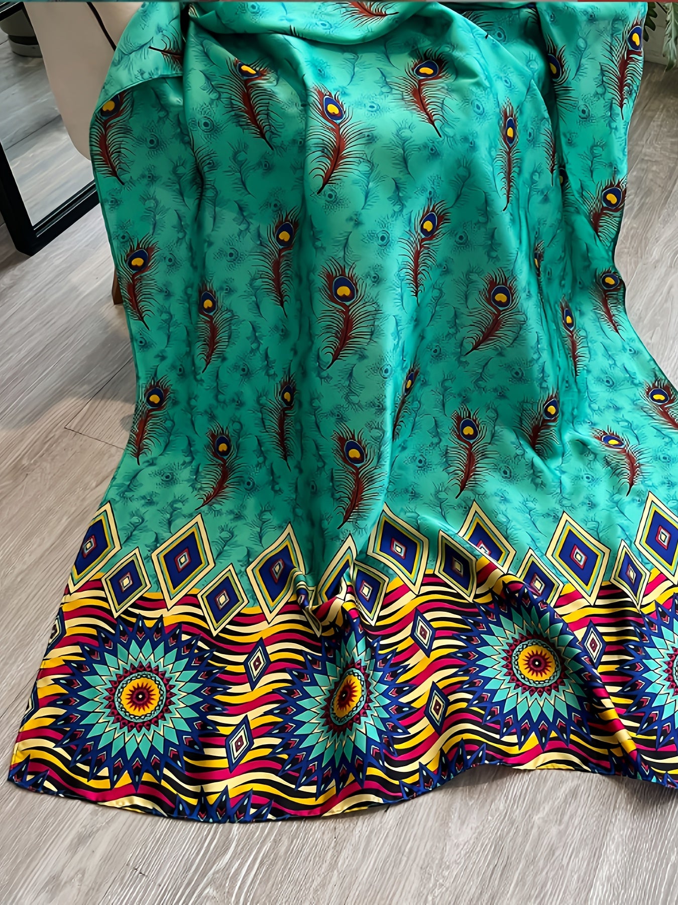 Women's Plus Size Bohemian Long Shirt Dress with Batwing Sleeves and Geometric Print