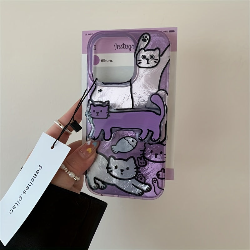 Purple Fish Cat Phone Case for iPhone 11-16 Pro Max with Folding Stand and Perforated Vortex Shell
