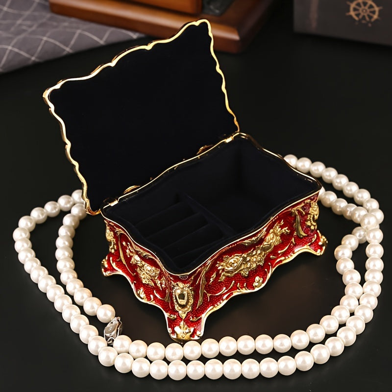 Красная эмалированная шкатулка для украшений с бархатным интерьером для серег, часов и аксессуаров