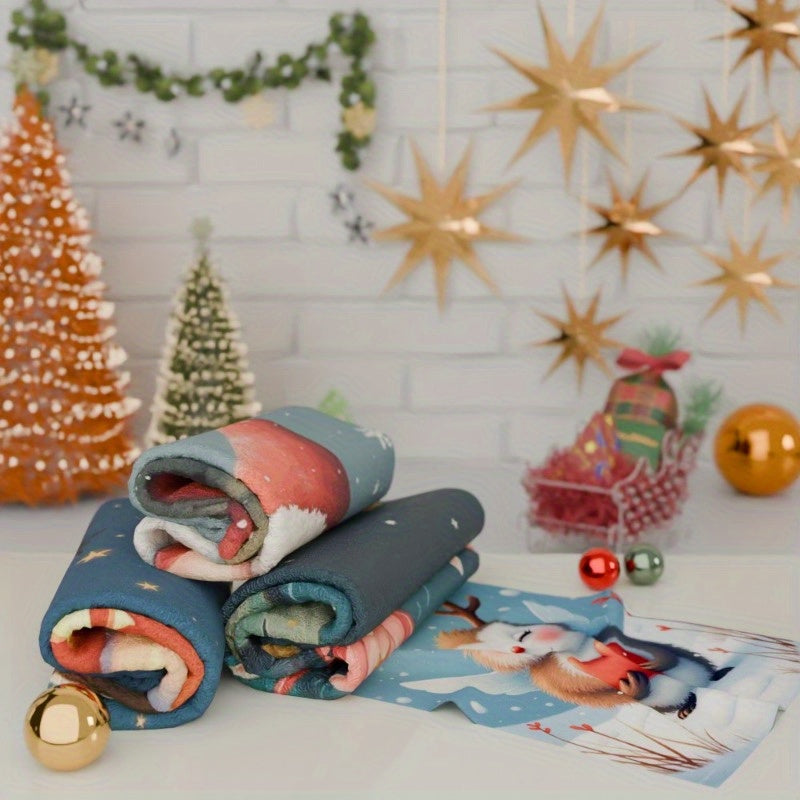 Set of 4 Holiday Kitchen Towels Reindeer Elk Christmas Trees Santa Canvas