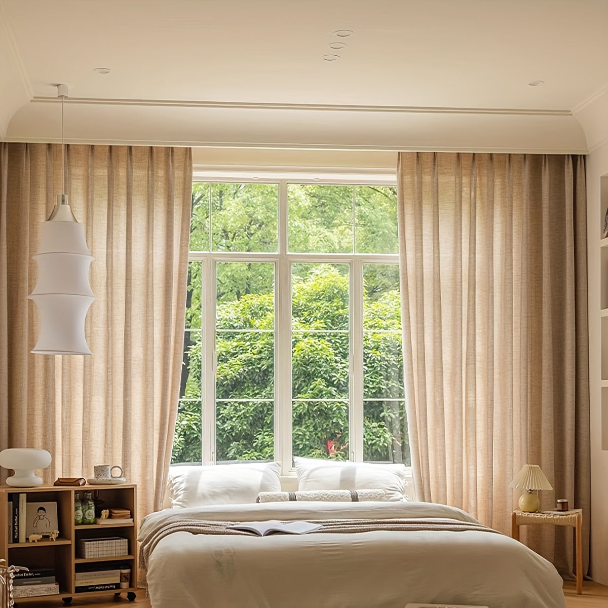 Two Pieces Japanese-Style Light Brown Hemp Curtains with Rods for Living Room and Bedroom