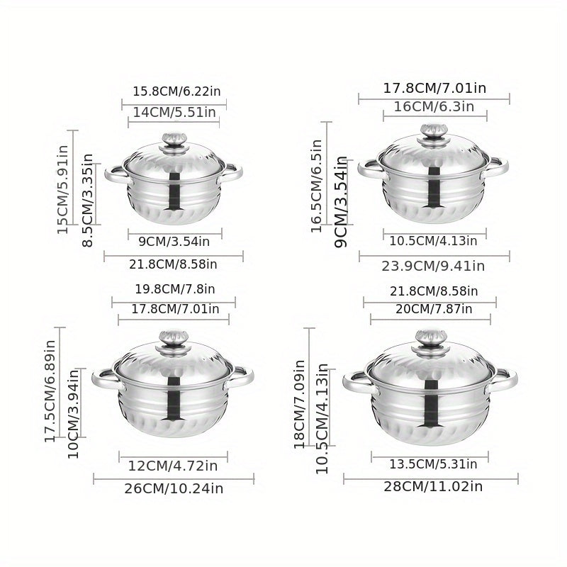 Set of Four Stainless Steel Cookware Pots with Floral Design for Induction Cooking