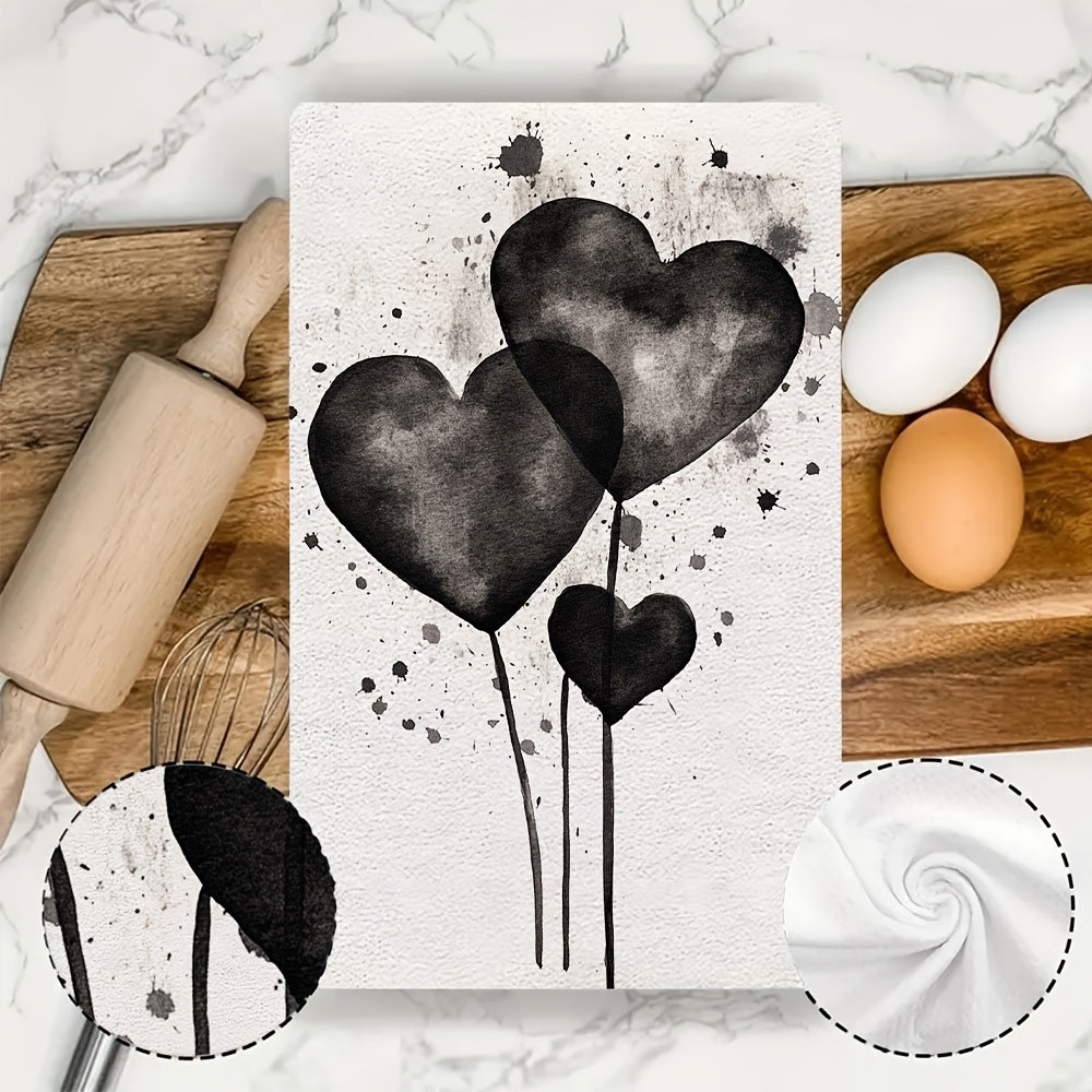2 Pack Ultra Soft Kitchen Towels Black and White Heart Watercolor 16x24 Inches