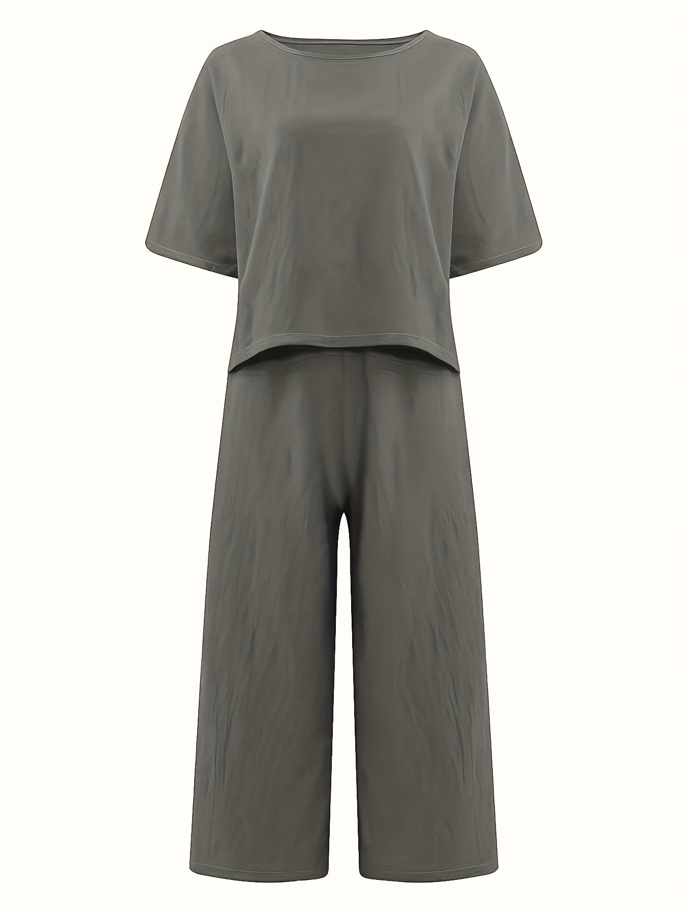 Conjunto de camiseta de manga larga y pantalones de pierna ancha de poliéster sólido casual para mujer