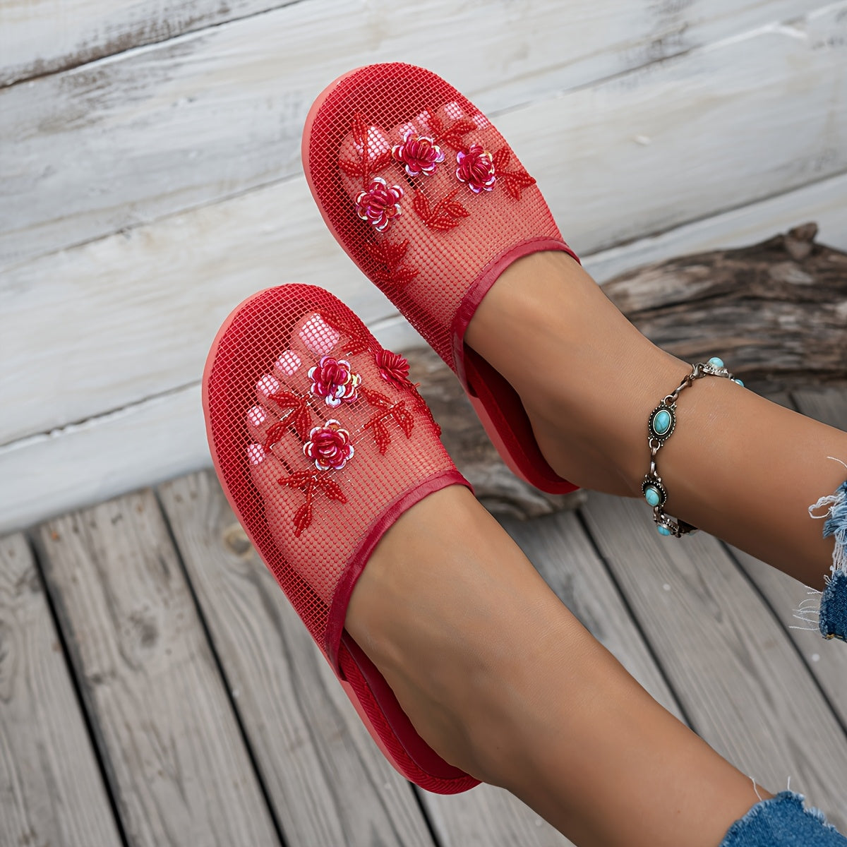 Women's Black Mesh Slide Sandals with Spider Web Pattern Lightweights