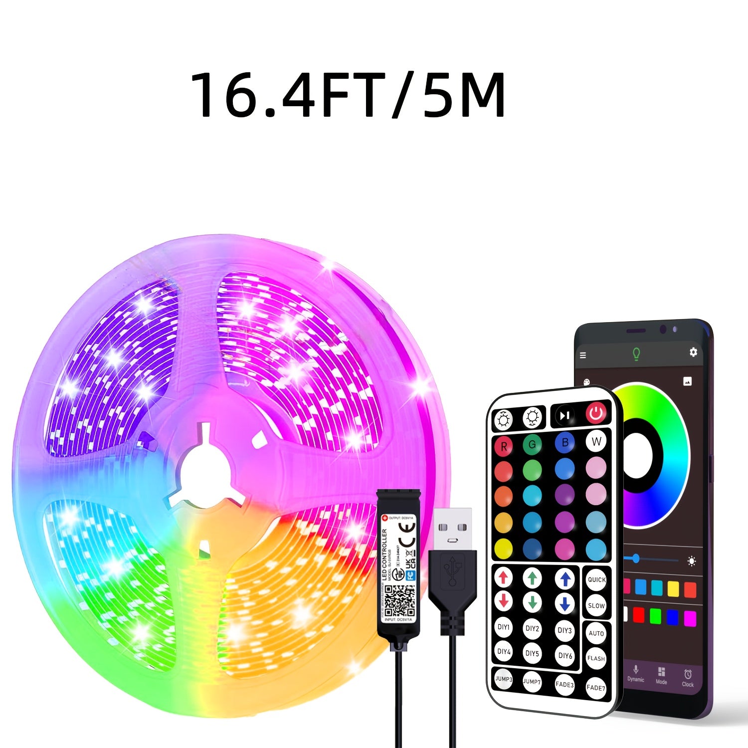 RGB LED Strip Lights with Music Sync, Adjustable Brightness, Remote Control, USB Powered for Bedroom Living Room Party Decor