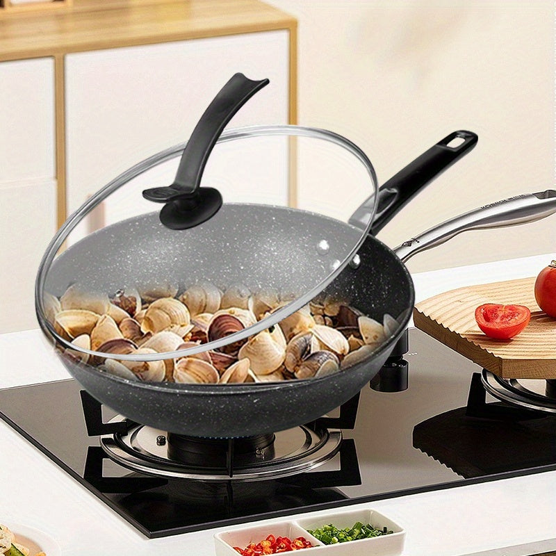 Noxud qotishma, yopishqoq bo'lmagan wok, shisha qopqoq bilan - mustahkam, idish-tovoq yuvish mashinasida yuvish mumkin, gaz va induksion plitalar uchun ideal, oshxona idish-tovoqlari uchun zarur.