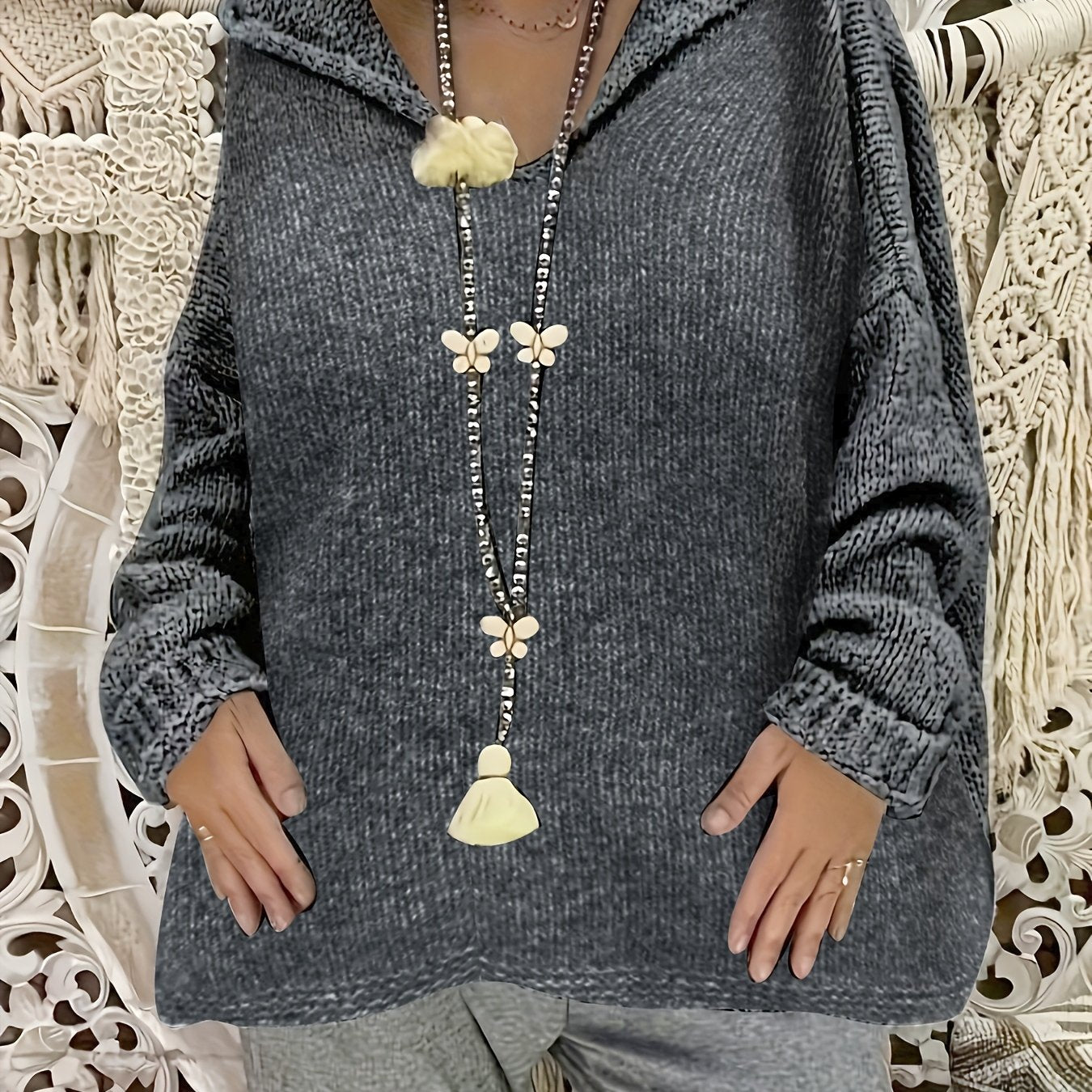 Women's Plus Size Solid Color Hooded Sweater Polyester Pullover with Ribbed Details