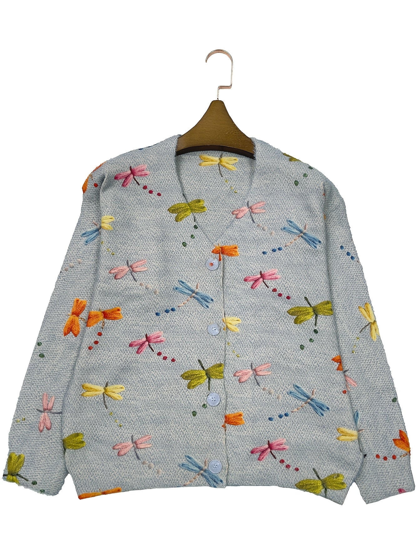 Cárdigan de punto para mujer talla grande con libélula y escote en V, suéter casual de manga larga