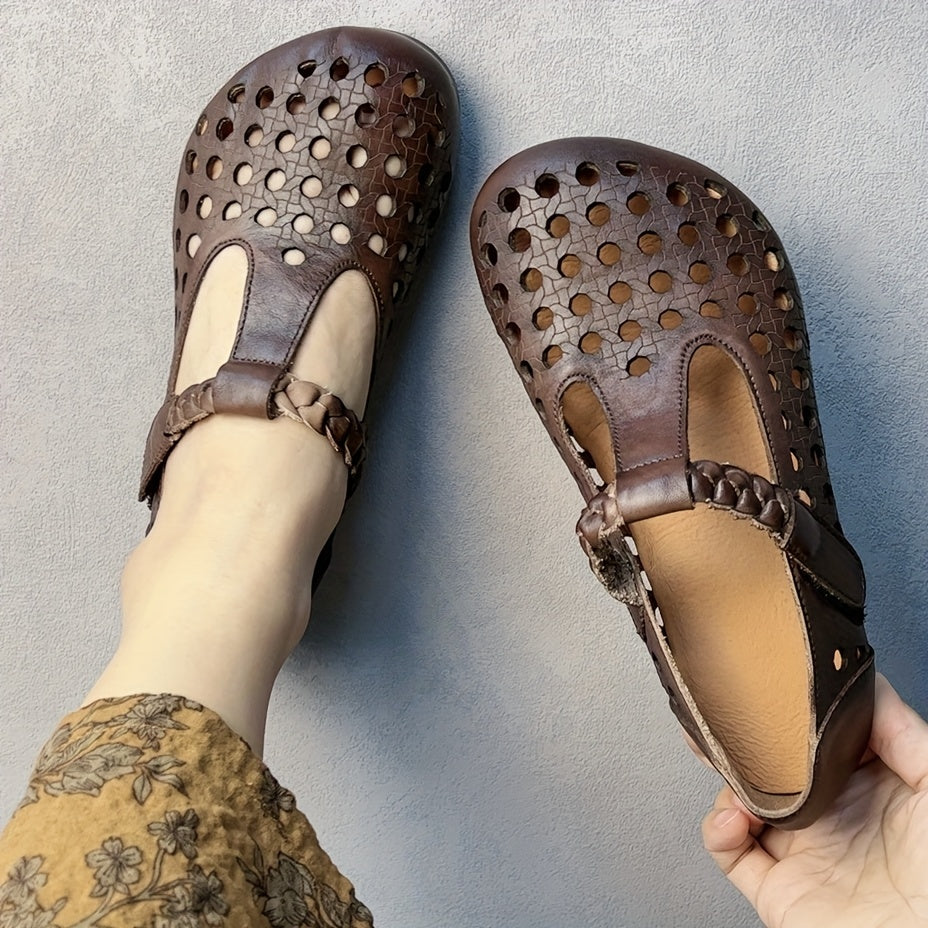 Women's Genuine Leather Mary Jane Flats with Adjustable T-Strap Breathable Summer Shoes