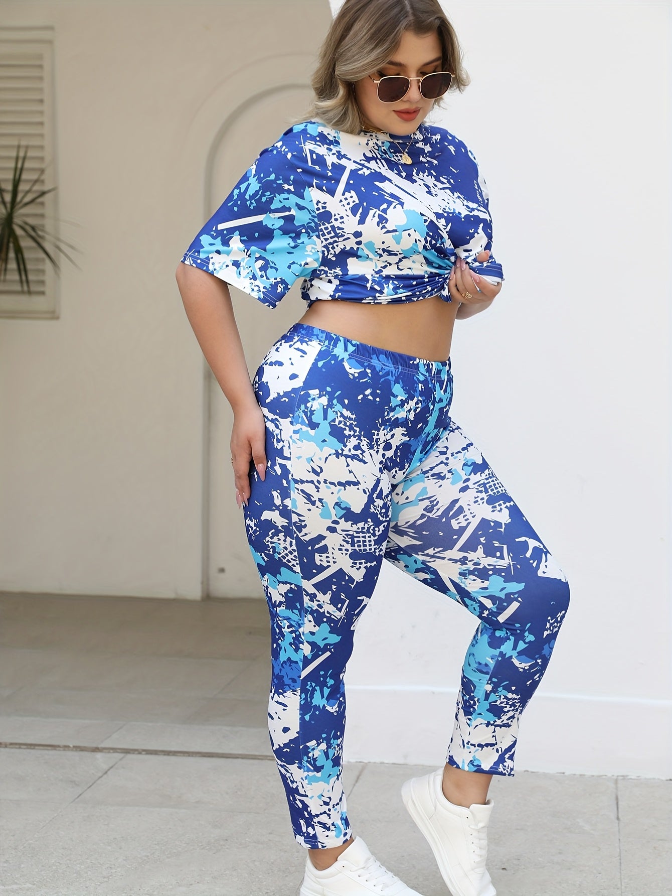 Women Plus Size Casual Sportswear Set Short Sleeve Long Pants Two-Piece