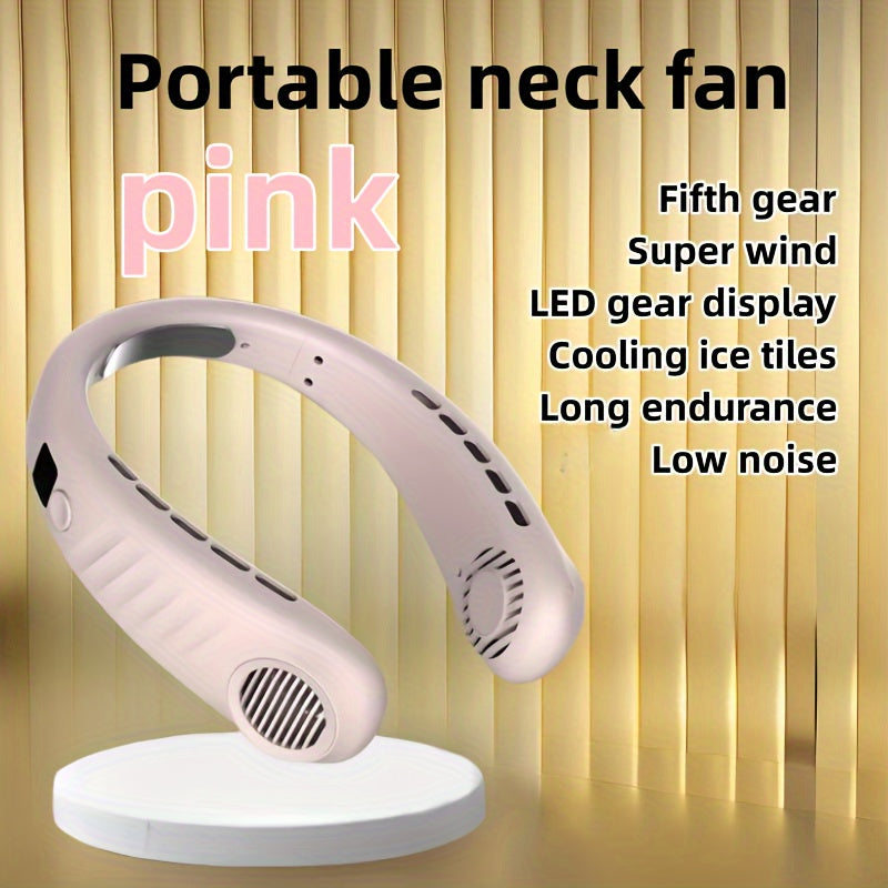 Portable bladeless neck fan with USB charging 5-speed digital display cooler for travel and camping lightweight ergonomic design