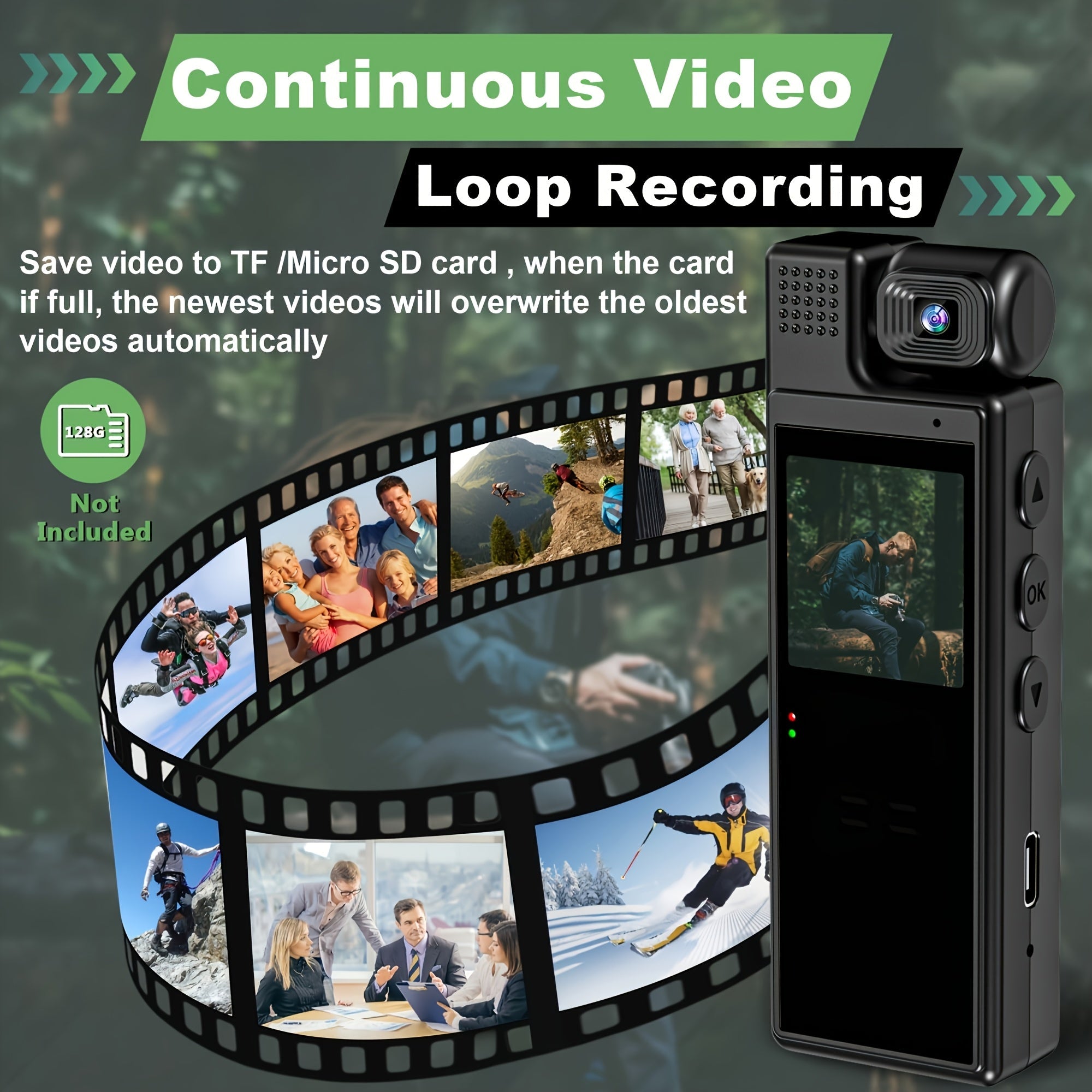 Cámara de acción negra con lente giratorio de 180°, batería extendida y detección de movimiento