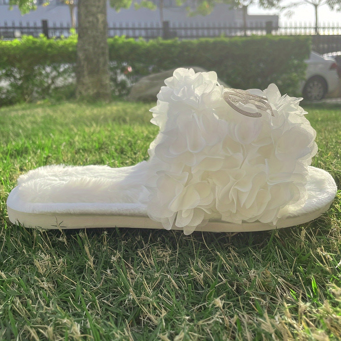 Women's Fuzzy Open Toe Bridal Slippers White Wedding Footwear