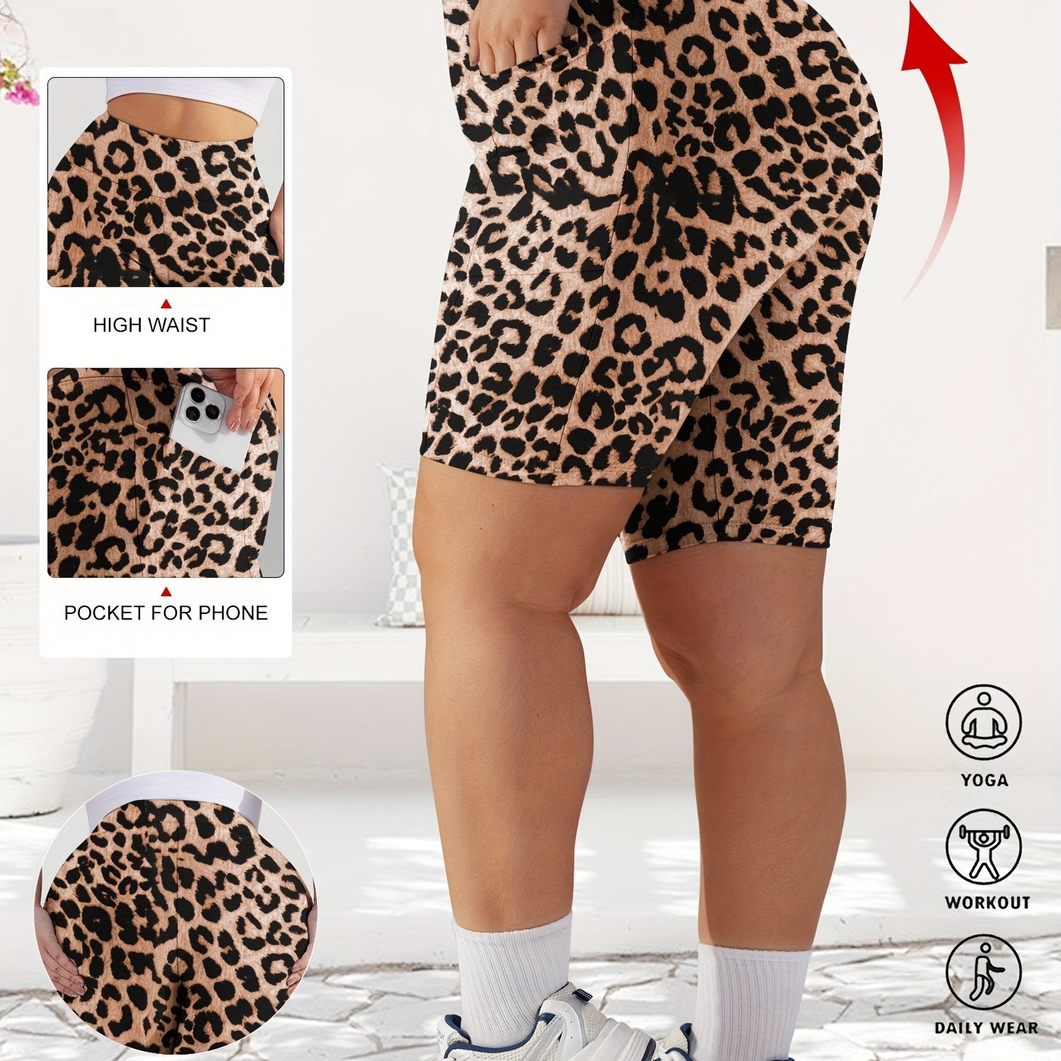 Shorts de mujer de talla grande con cintura alta y estampado de leopardo, elásticos y no transparentes