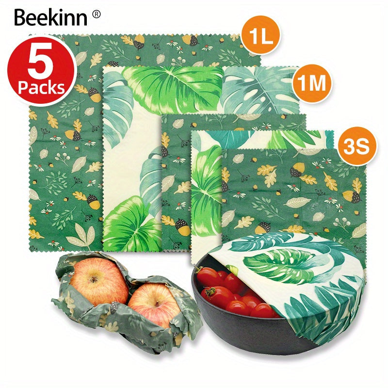 Juego de 5 envoltorios de cera de abeja ecológicos para alimentos, queso, fruta, pan, snacks