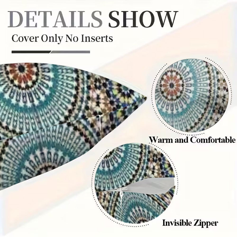 Ikki dona Marokash Zellij san'ati naqshli yostiq qopqog'i to'plami, har biri 30.48x50.8 sm o'lchamda. Divan yoki yotoq xonasi bezatishiga uslub qo'shish uchun mo'ljallangan ikki tomonlama qisqa plush dizayni mavjud.