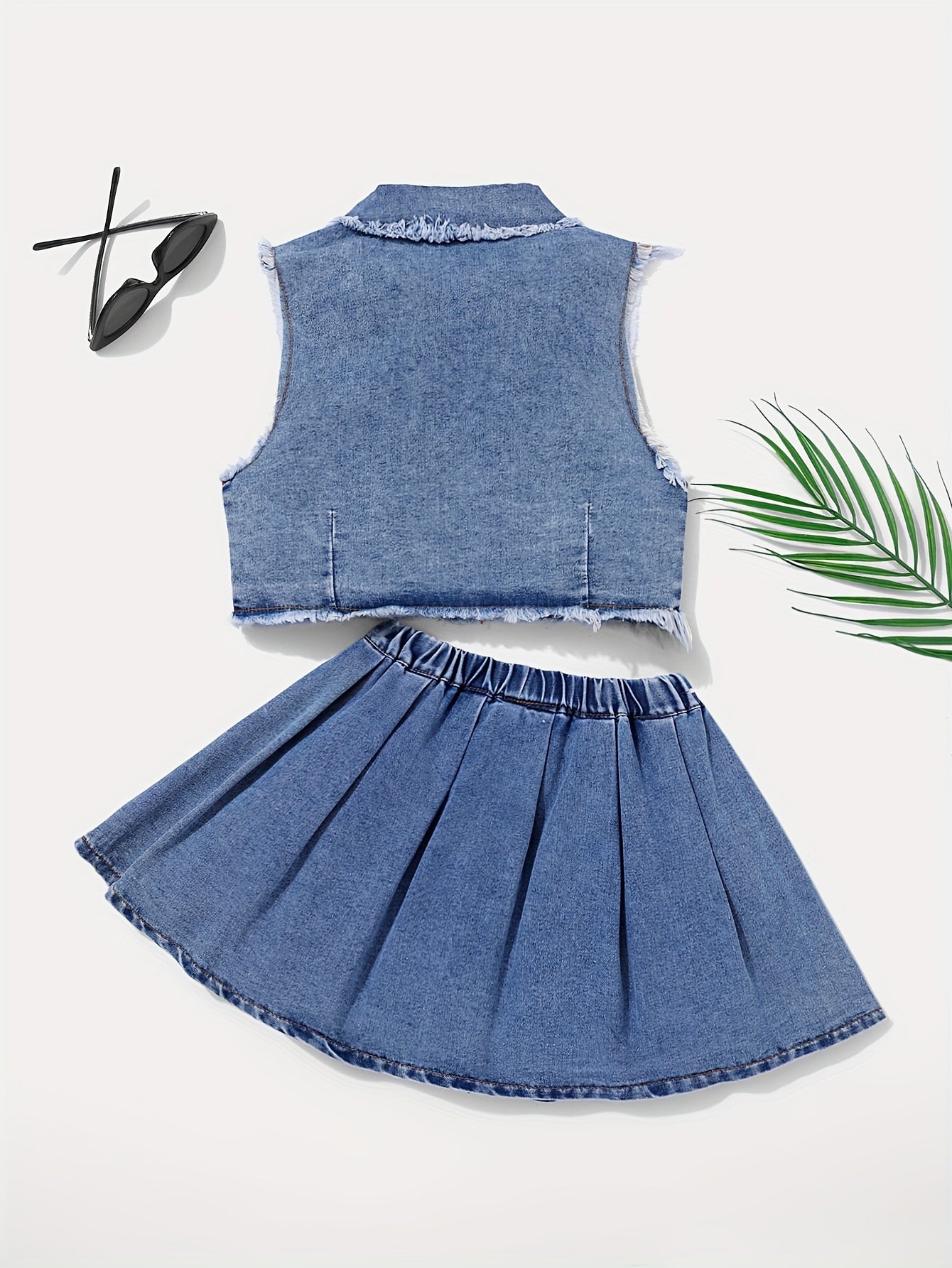 Girls Denim Set Medium-Large Size Solid Color Woven Peplum Spring Summer Fall